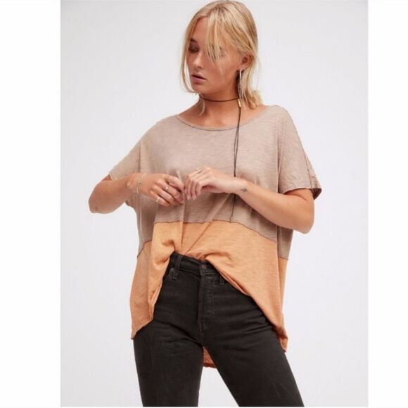 Free People Midnight Colorblock Tee Size Medium Brown Orange - Picture 1 of 7